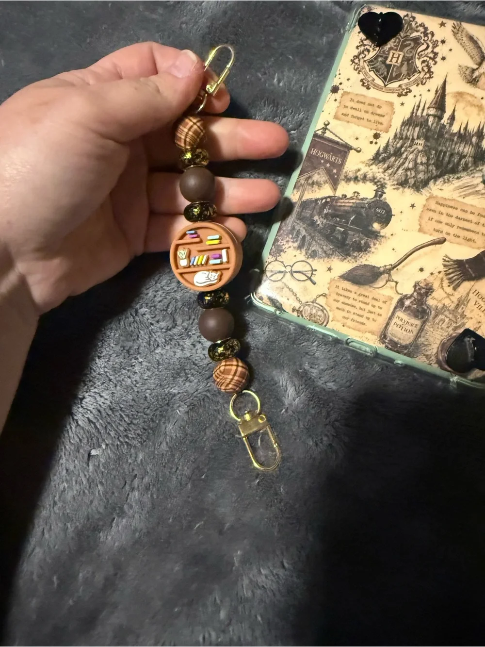 Kitty on a Bookcase Brown Beaded Kindle Charm Strap with Book Motif - Handmade